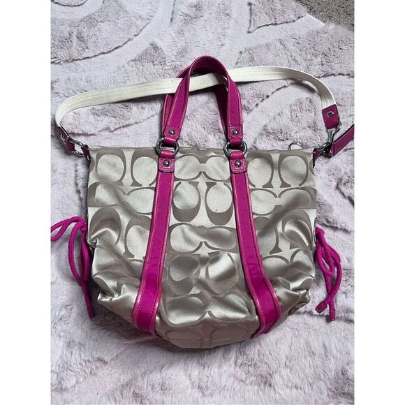 Coach Signature Poppy Canvas Contrast Trim Tote Shoulder Bag Beige Pink Large GU - Picture 2 of 6